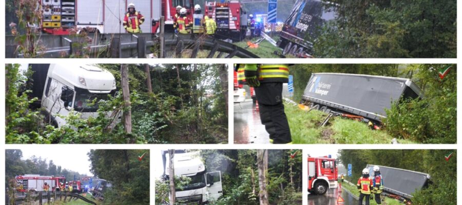 Schwerer LKW-Unfall – Sattelzug durchbricht Schutzplanke, wird von Bäumen gehalten