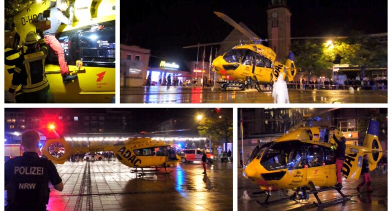 Rettungshubschrauber landet und startet am Bahnhofsvorplatz – Christoph 75 Rheinland