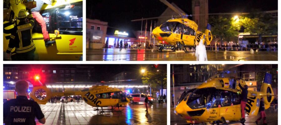 Rettungshubschrauber landet und startet am Bahnhofsvorplatz – Christoph 75 Rheinland