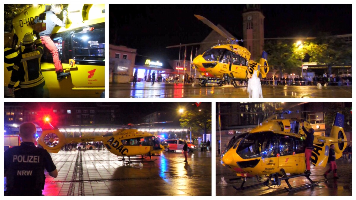 Rettungshubschrauber landet und startet am Bahnhofsvorplatz – Christoph 75 Rheinland