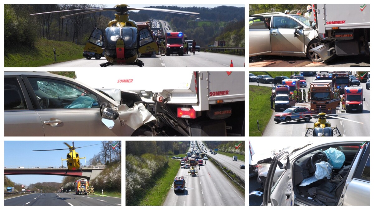 Schwerer Unfall auf der A1 bei Gevelsberg: PKW kracht ins Stauende! RTH Christoph 8