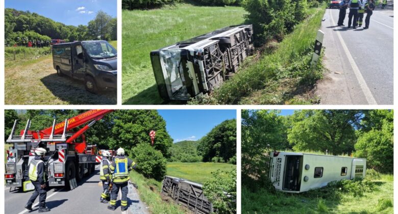 Schwerer Unfall zwischen Linienbus und Transporter – 10 Verletzte nach Busabsturz