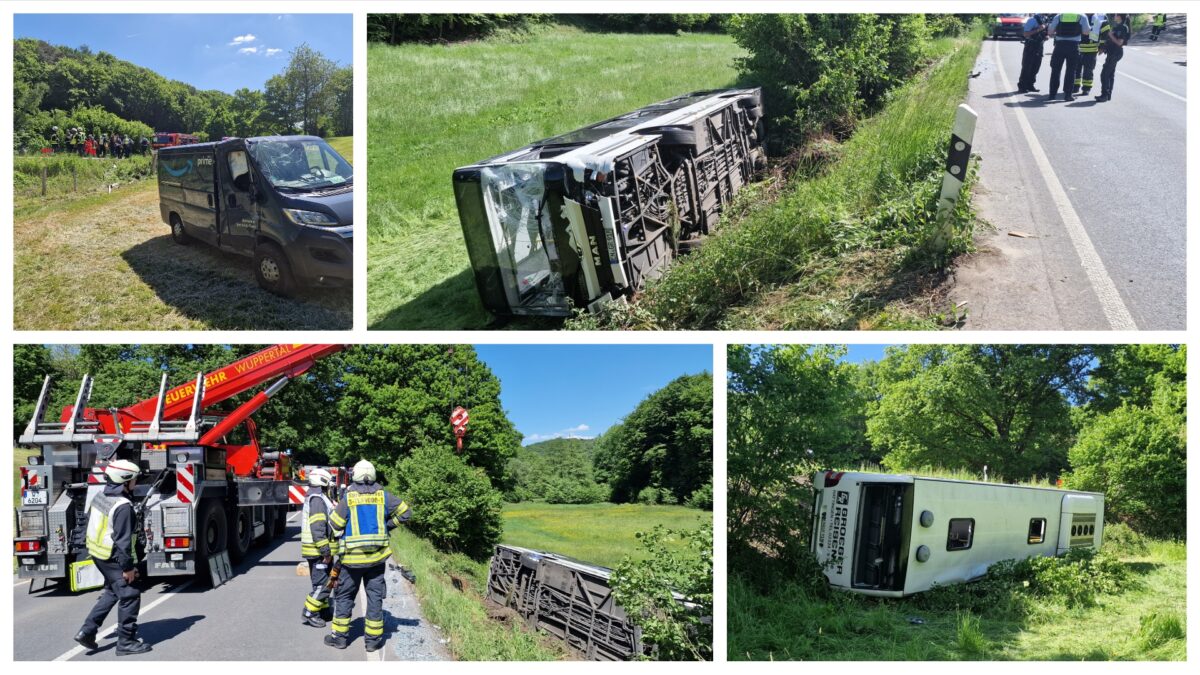 Schwerer Unfall zwischen Linienbus und Transporter – 10 Verletzte nach Busabsturz