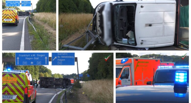 A45: Schwerer Unfall – Transporter überschlägt sich – Vier Verletzte, eine Person in Lebensgefahr