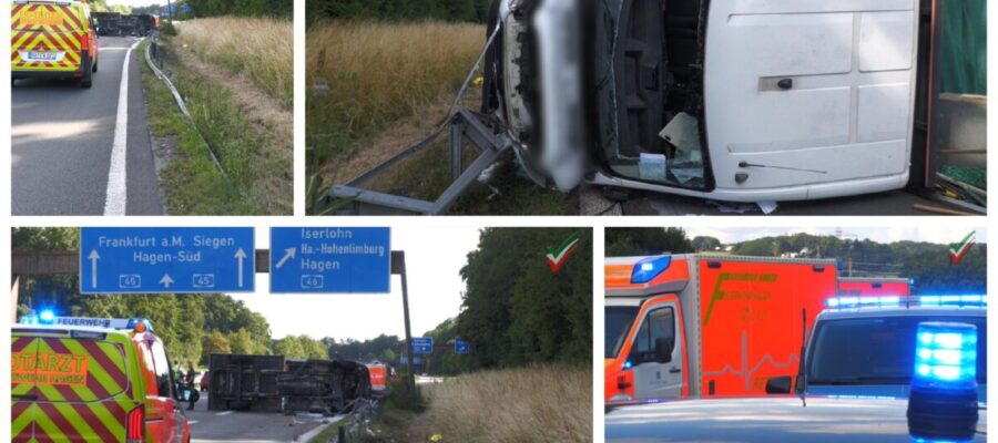 A45: Schwerer Unfall – Transporter überschlägt sich – Vier Verletzte, eine Person in Lebensgefahr