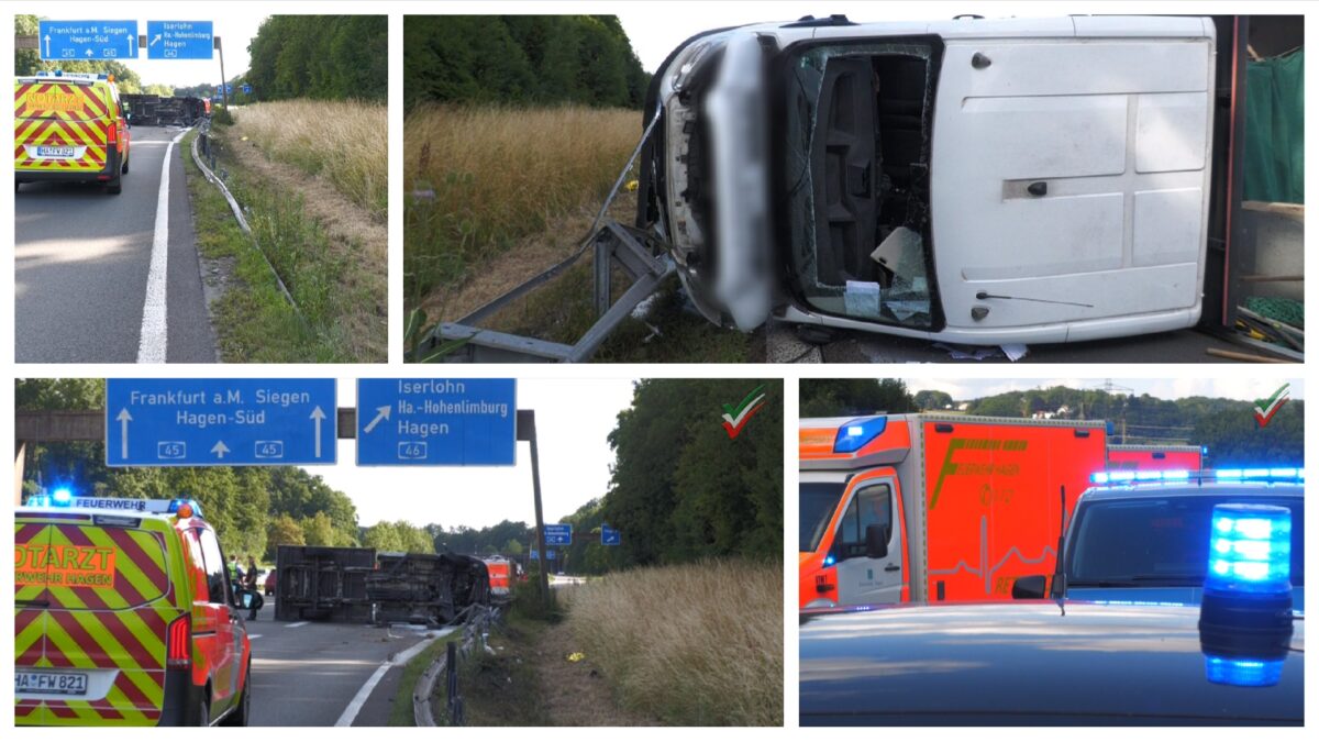 A45: Schwerer Unfall – Transporter überschlägt sich – Vier Verletzte, eine Person in Lebensgefahr