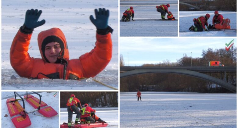Person im Eis eingebrochen – Feuerwehr übt Eisrettung am Ischelandteich in Hagen