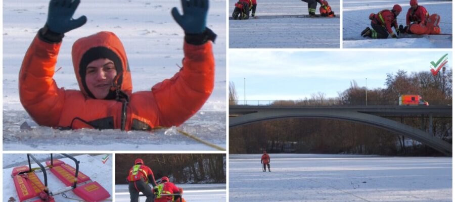 Person im Eis eingebrochen – Feuerwehr übt Eisrettung am Ischelandteich in Hagen