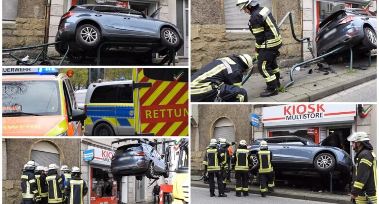 2026 04 03 – Kurioser Unfall – PKW vs. Schaufenster und Gehweg-Begrenzungen – Bergung on Tape