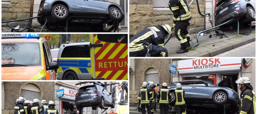 2026 04 03 – Kurioser Unfall – PKW vs. Schaufenster und Gehweg-Begrenzungen – Bergung on Tape