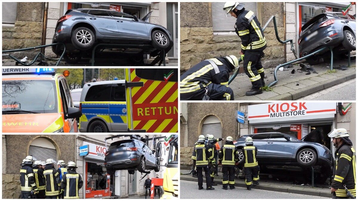 2026 04 03 – Kurioser Unfall – PKW vs. Schaufenster und Gehweg-Begrenzungen – Bergung on Tape